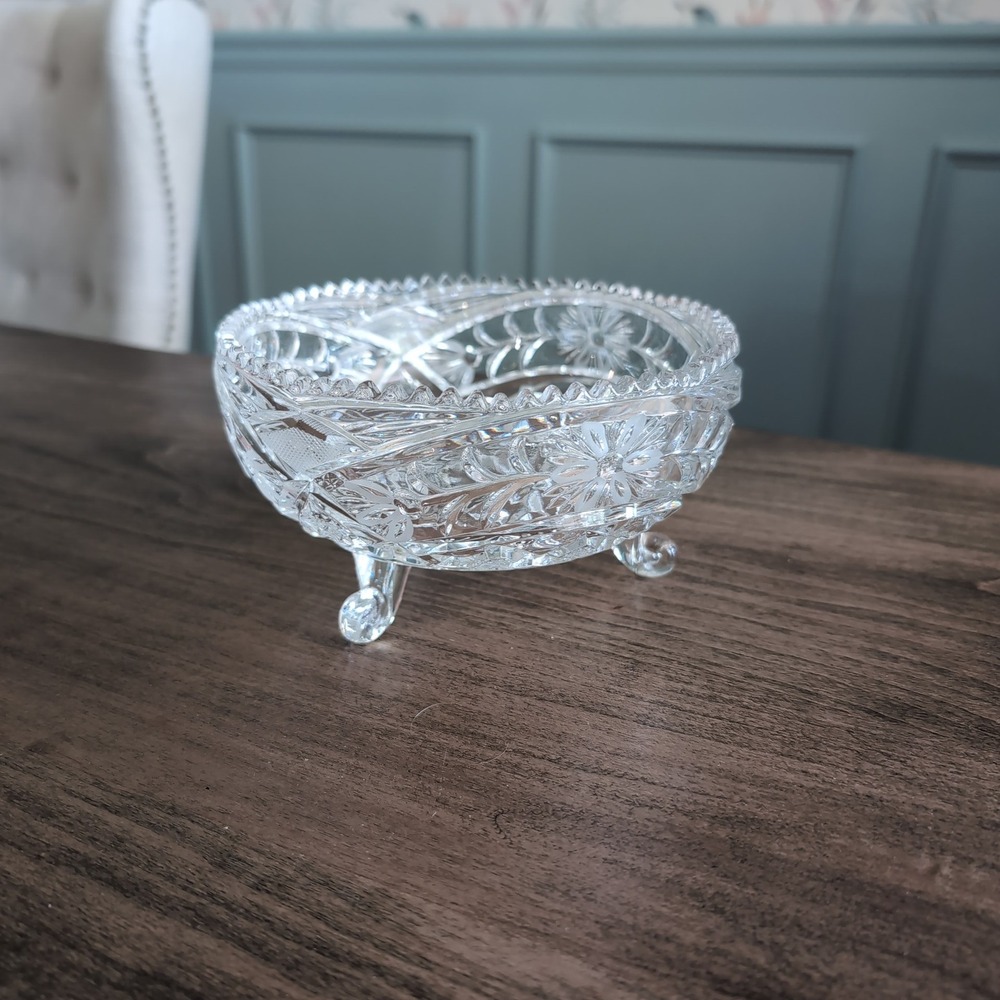 Vintage Anna Hutte Lead Crystal 3 Footed Dish‎ Candy Pinwheel Starburst Germany - Picture 3 of 10